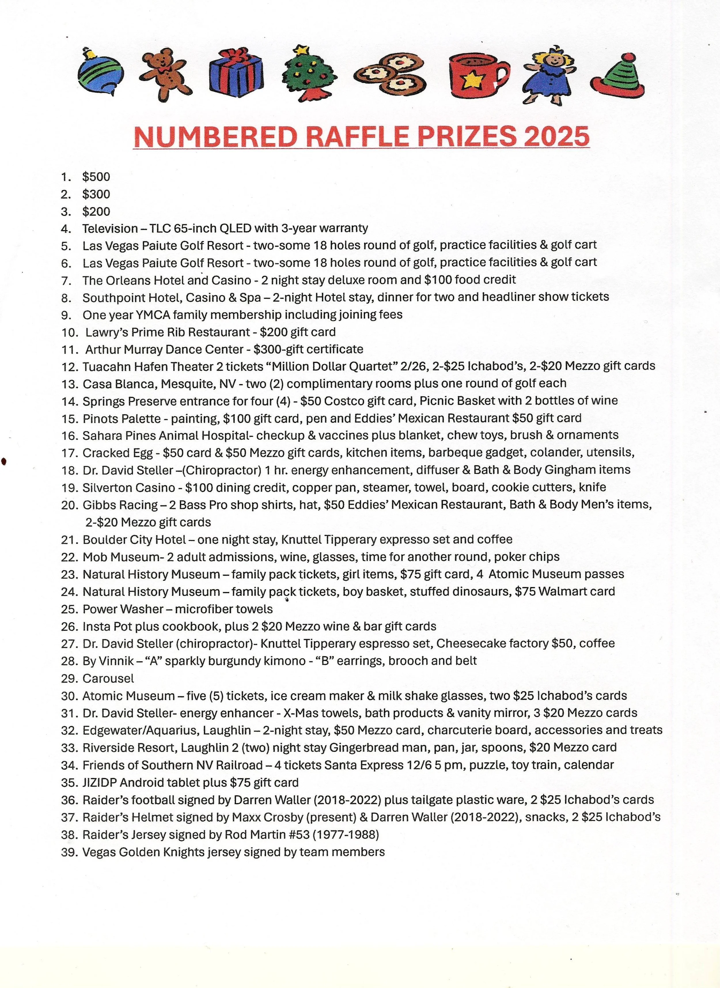 Raffle prizes list with various gift items.