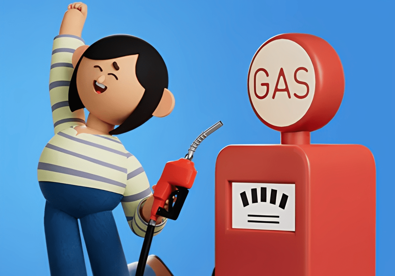 Cartoon character celebrating at gas pump.