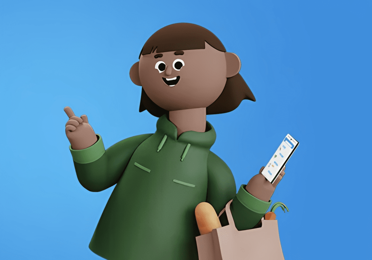 Cartoon character shopping with smartphone and bag.
