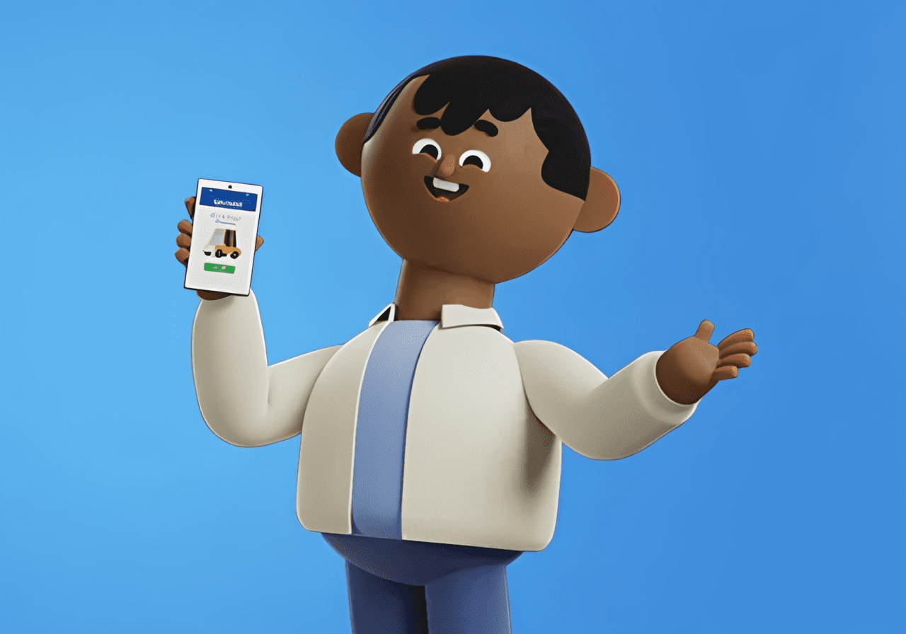 Cartoon character holding a smartphone, smiling.