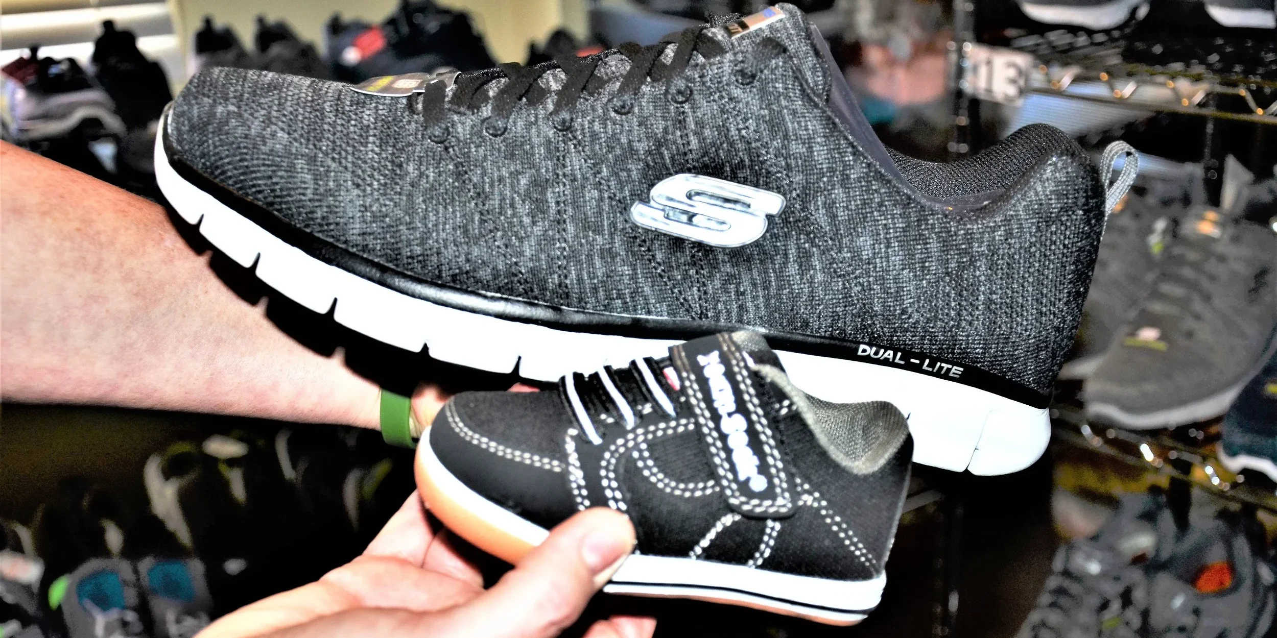Large shoe compared to small shoe.